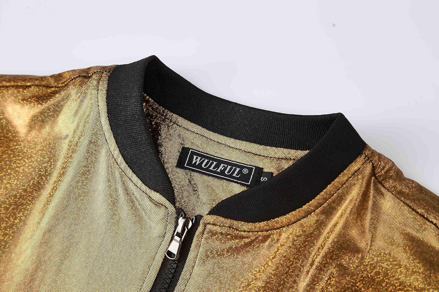 imageWULFUL Mens 70s Disco Costume Party Sequin Metallic Varsity Bomber JacketGold02