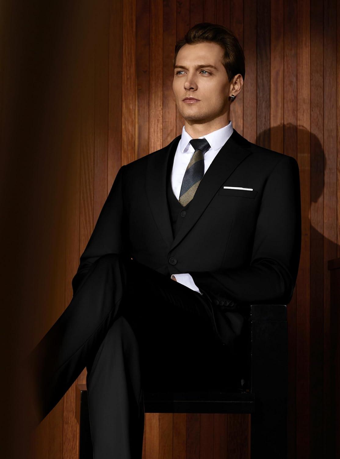 imageWULFUL Mens Slim Fit Suit One Button 3Piece Blazer Dress Business Wedding Party Jacket Vest amp PantBlack