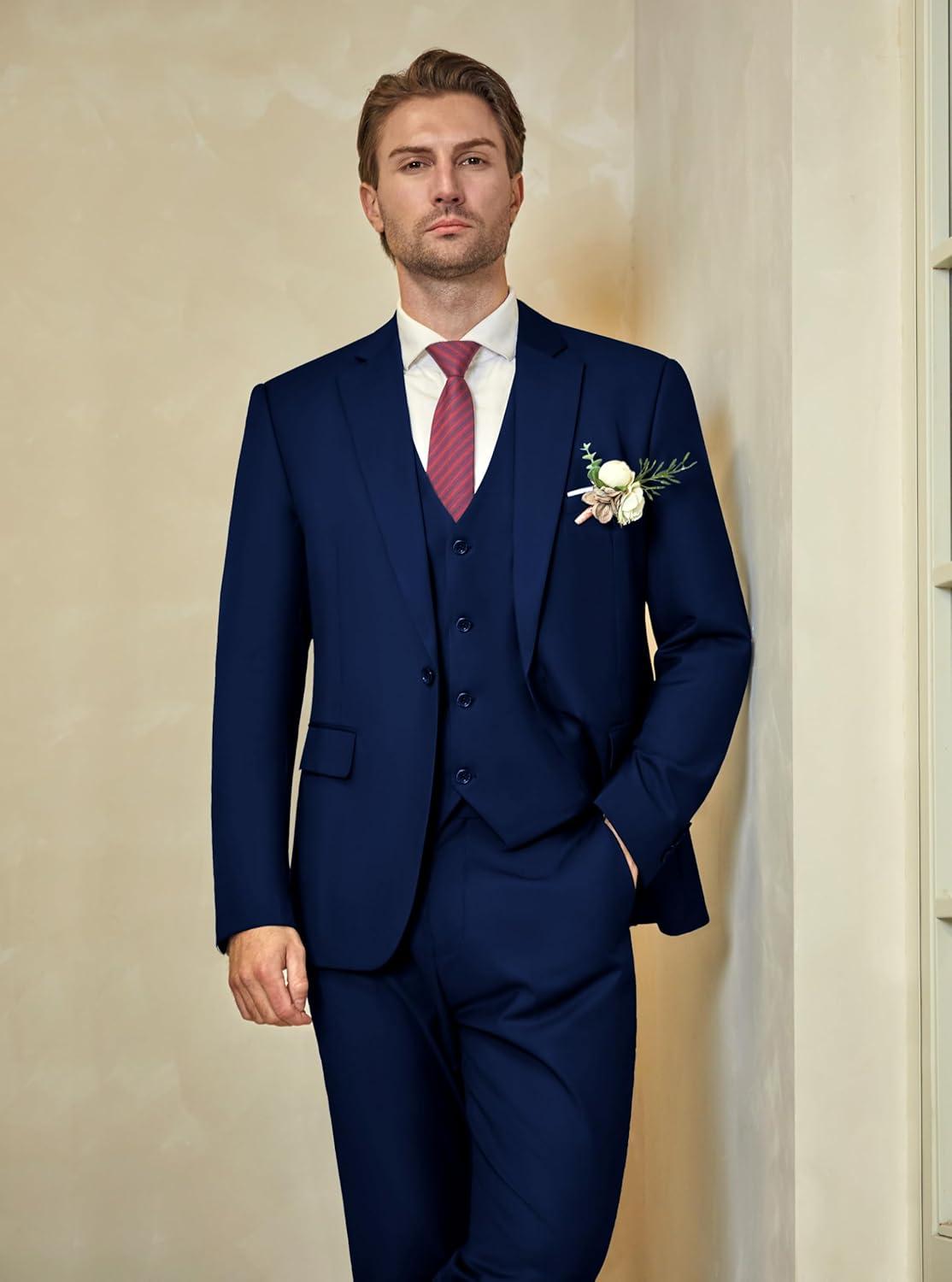 imageWULFUL Mens Slim Fit Suit One Button 3Piece Blazer Dress Business Wedding Party Jacket Vest amp PantBlue