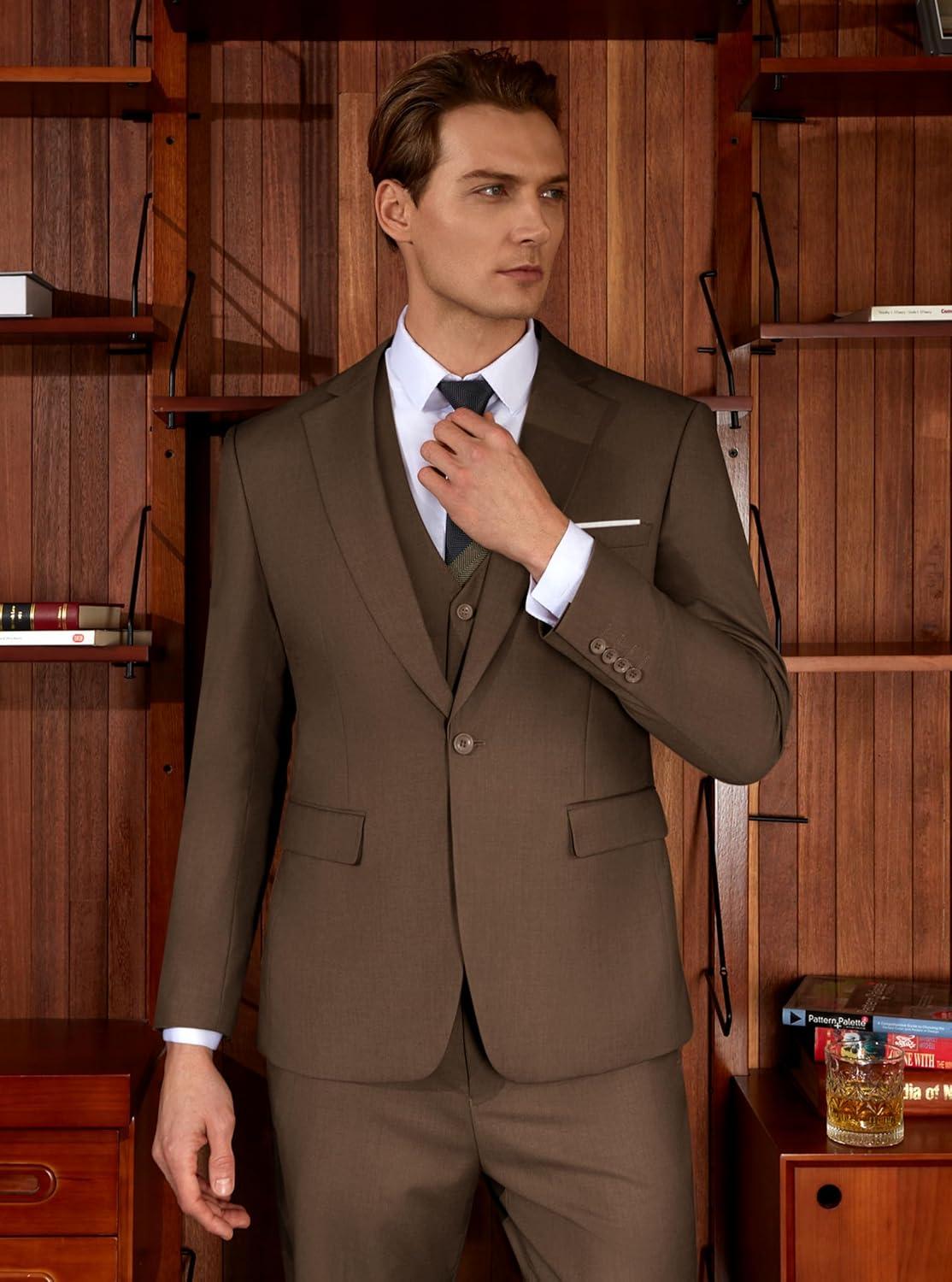 imageWULFUL Mens Slim Fit Suit One Button 3Piece Blazer Dress Business Wedding Party Jacket Vest amp PantBrown