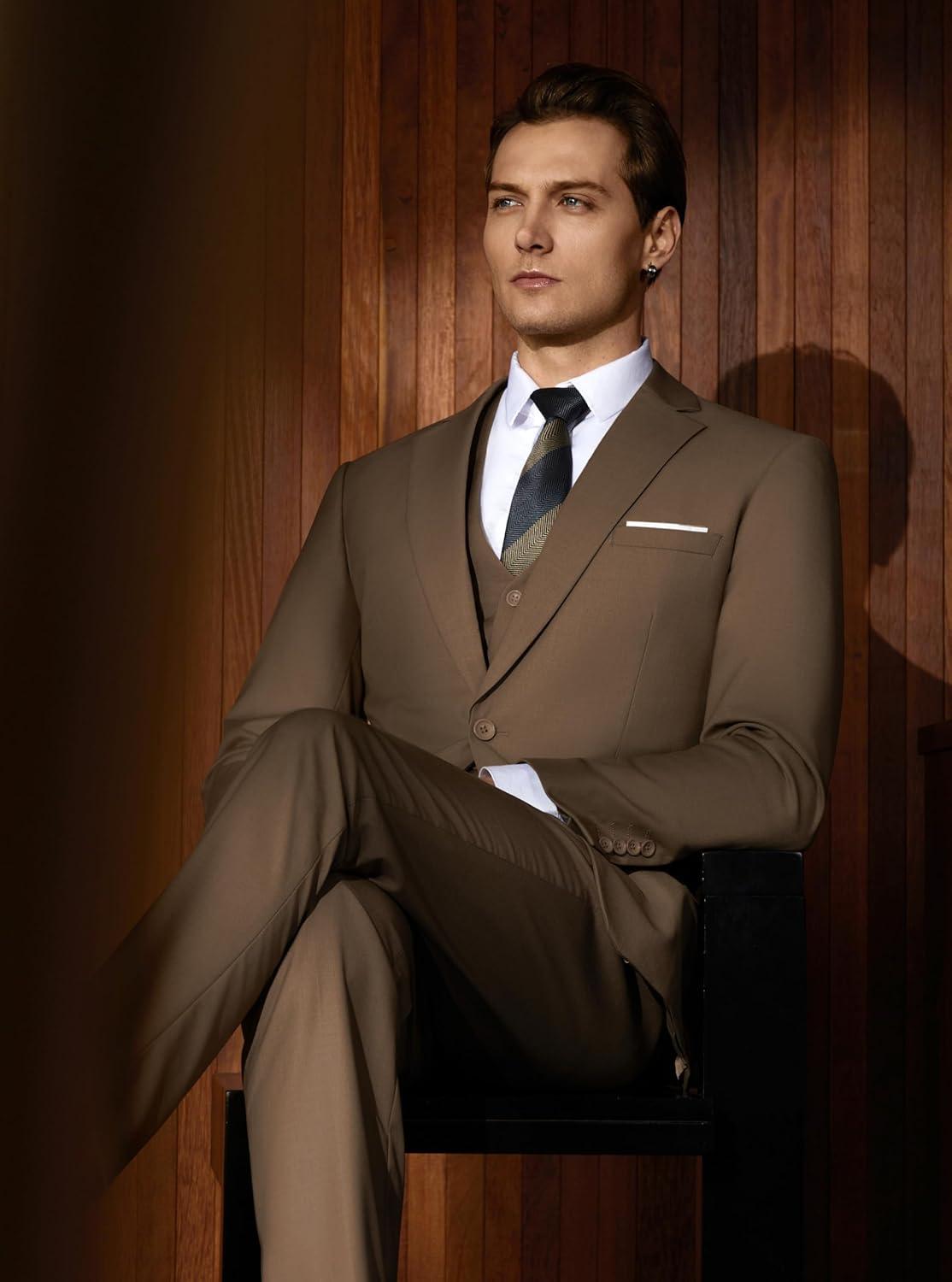 imageWULFUL Mens Slim Fit Suit One Button 3Piece Blazer Dress Business Wedding Party Jacket Vest amp PantBrown