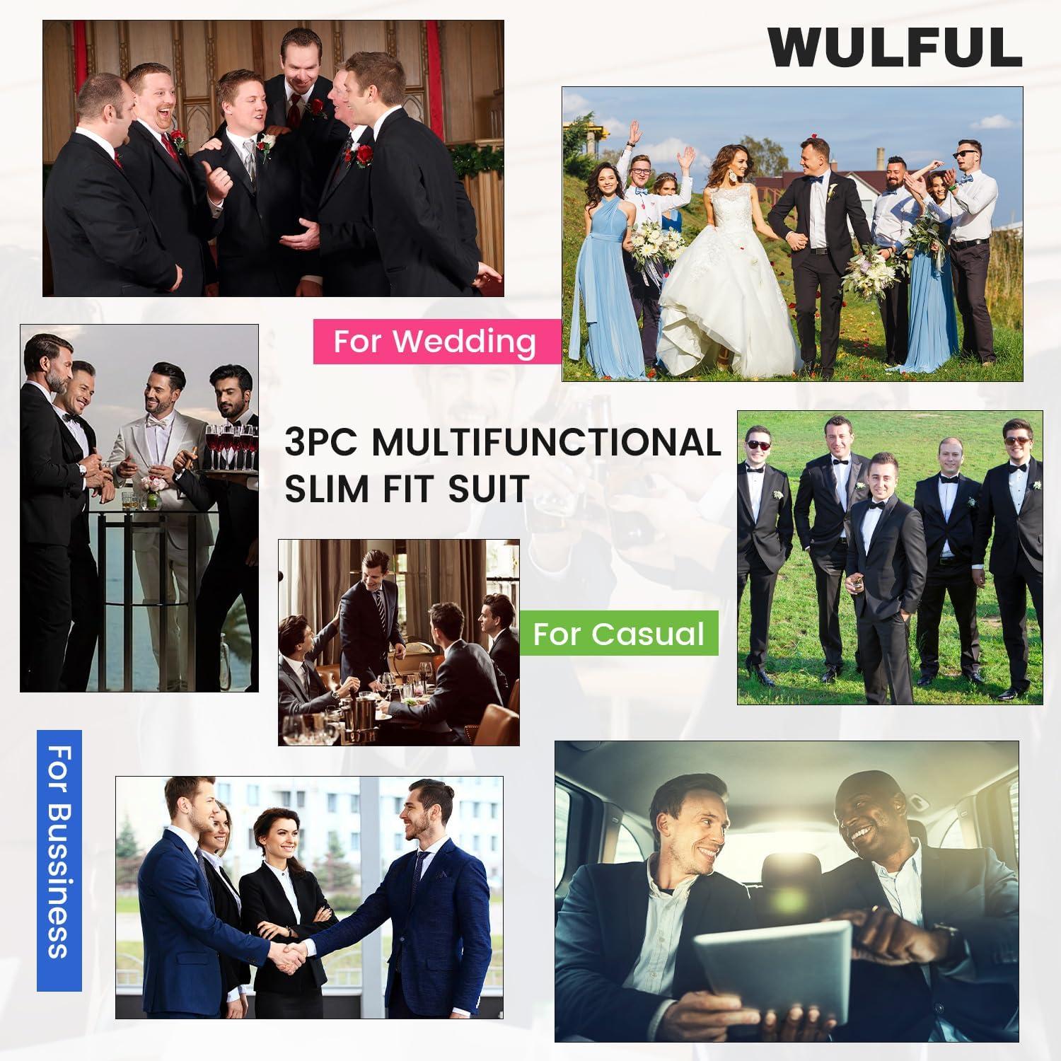 imageWULFUL Mens Slim Fit Suit One Button 3Piece Blazer Dress Business Wedding Party Jacket Vest amp PantCoffee054