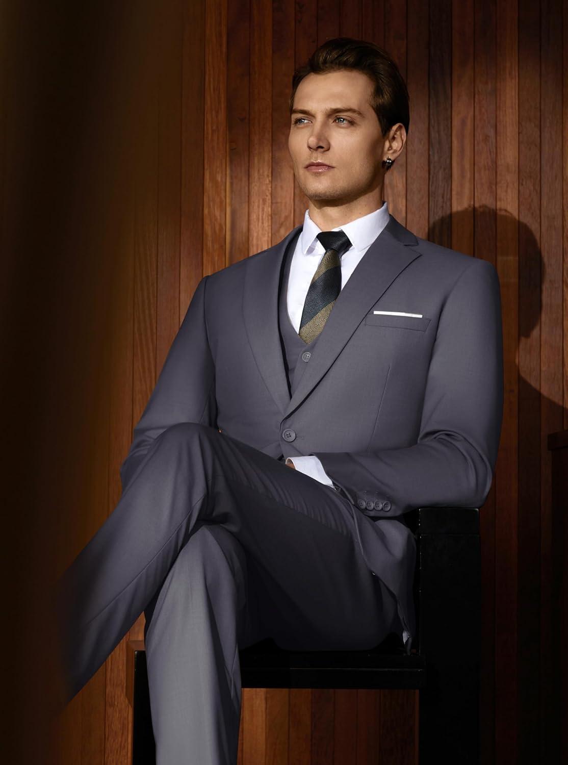 imageWULFUL Mens Slim Fit Suit One Button 3Piece Blazer Dress Business Wedding Party Jacket Vest amp PantDark Grey