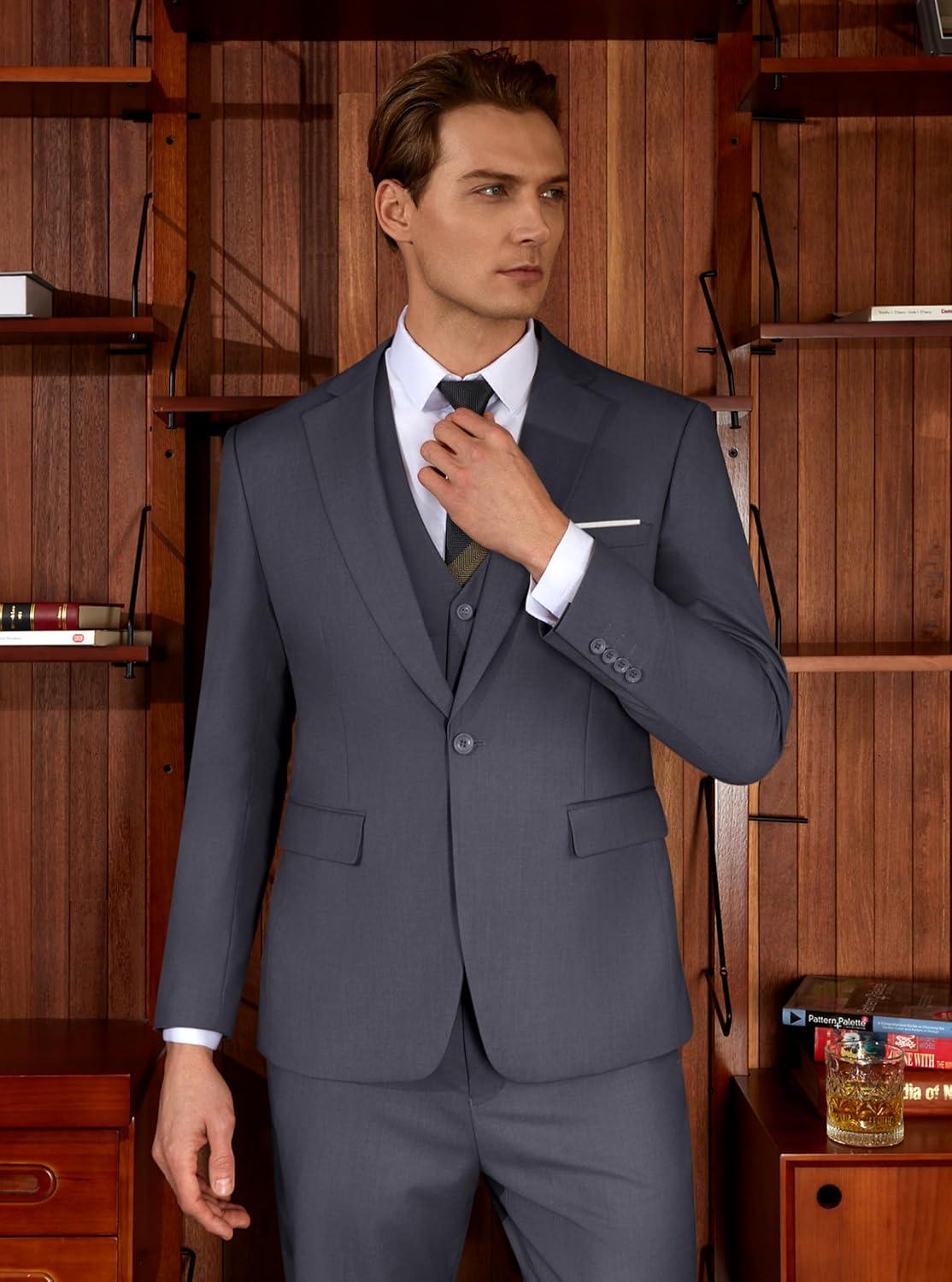 imageWULFUL Mens Slim Fit Suit One Button 3Piece Blazer Dress Business Wedding Party Jacket Vest amp PantDark Grey