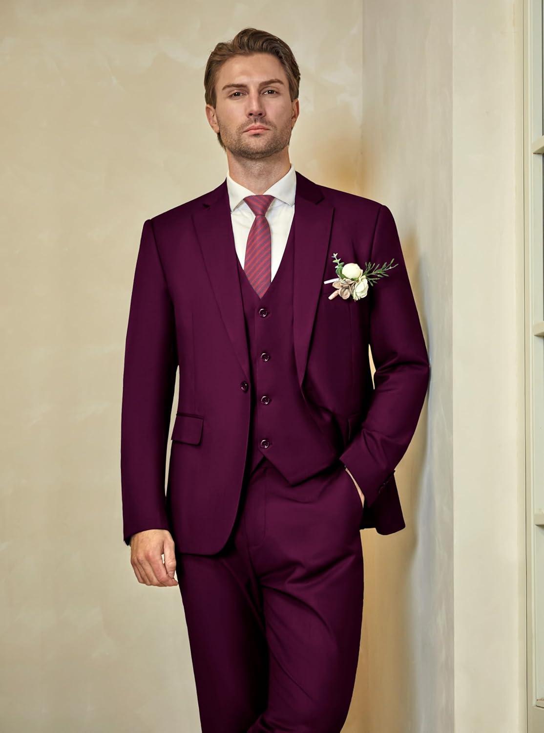 imageWULFUL Mens Slim Fit Suit One Button 3Piece Blazer Dress Business Wedding Party Jacket Vest amp PantDark Red