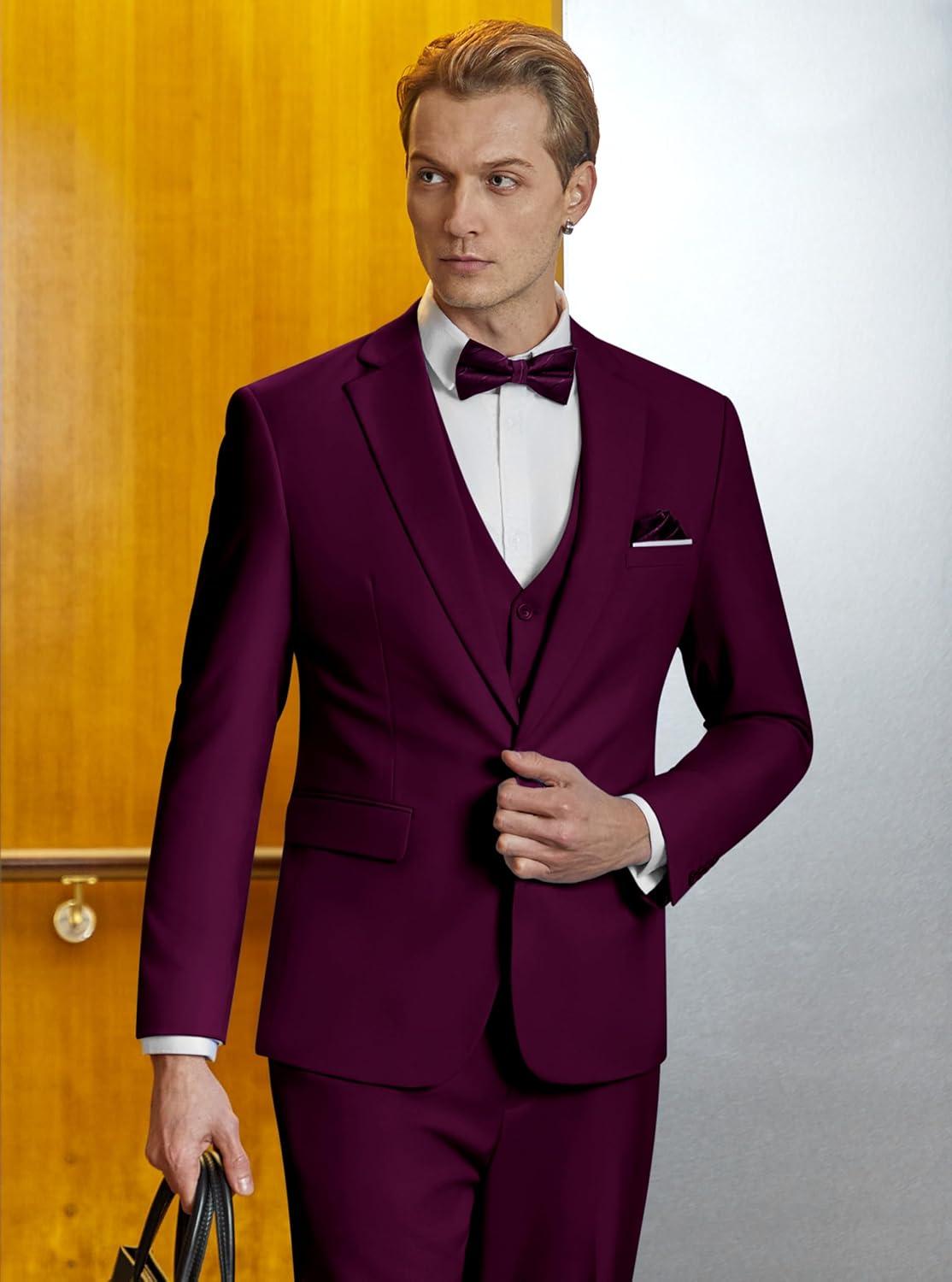 imageWULFUL Mens Slim Fit Suit One Button 3Piece Blazer Dress Business Wedding Party Jacket Vest amp PantDark Red