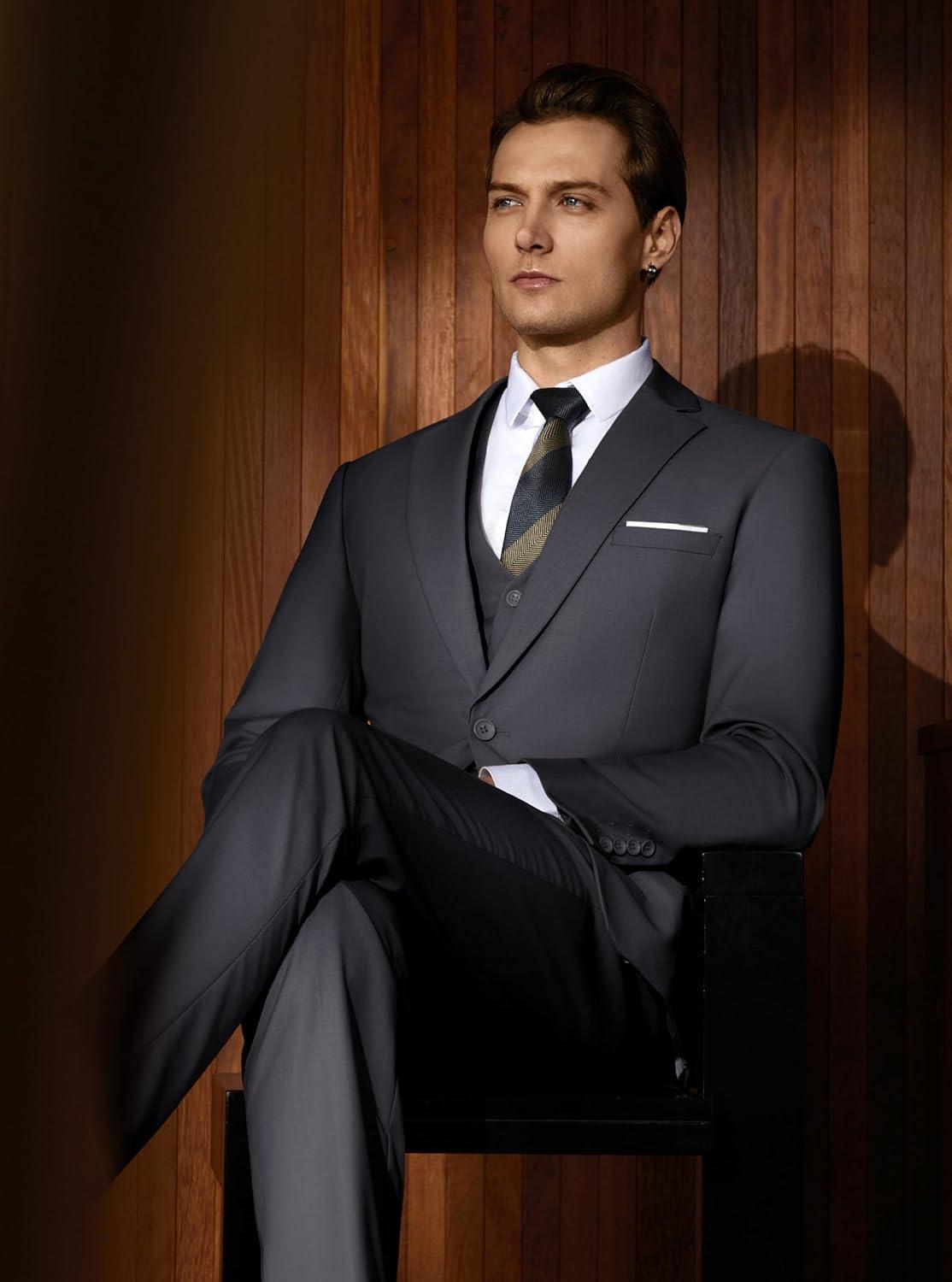 imageWULFUL Mens Slim Fit Suit One Button 3Piece Blazer Dress Business Wedding Party Jacket Vest amp PantGrey054