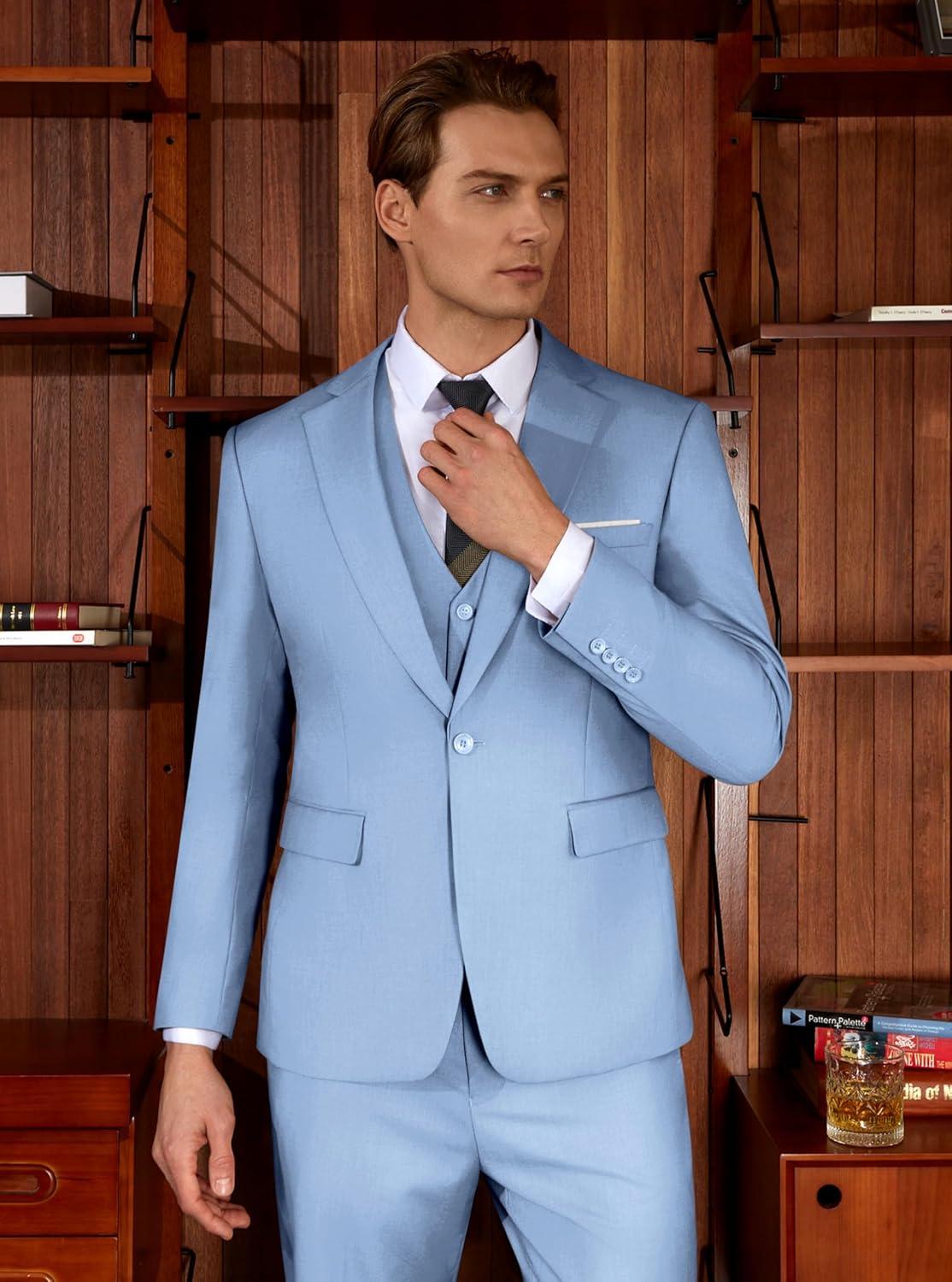 imageWULFUL Mens Slim Fit Suit One Button 3Piece Blazer Dress Business Wedding Party Jacket Vest amp PantLight Blue