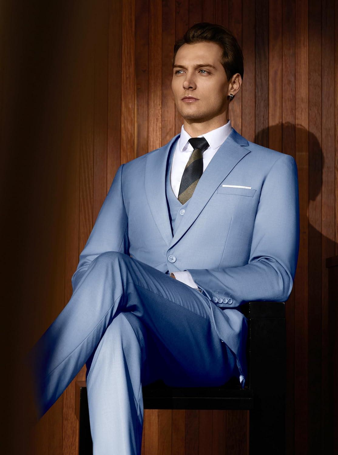 imageWULFUL Mens Slim Fit Suit One Button 3Piece Blazer Dress Business Wedding Party Jacket Vest amp PantLight Blue