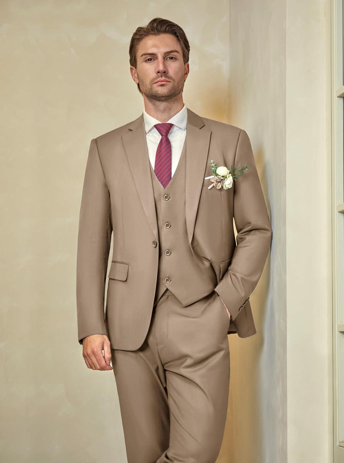 imageWULFUL Mens Slim Fit Suit One Button 3Piece Blazer Dress Business Wedding Party Jacket Vest amp PantLight Brown