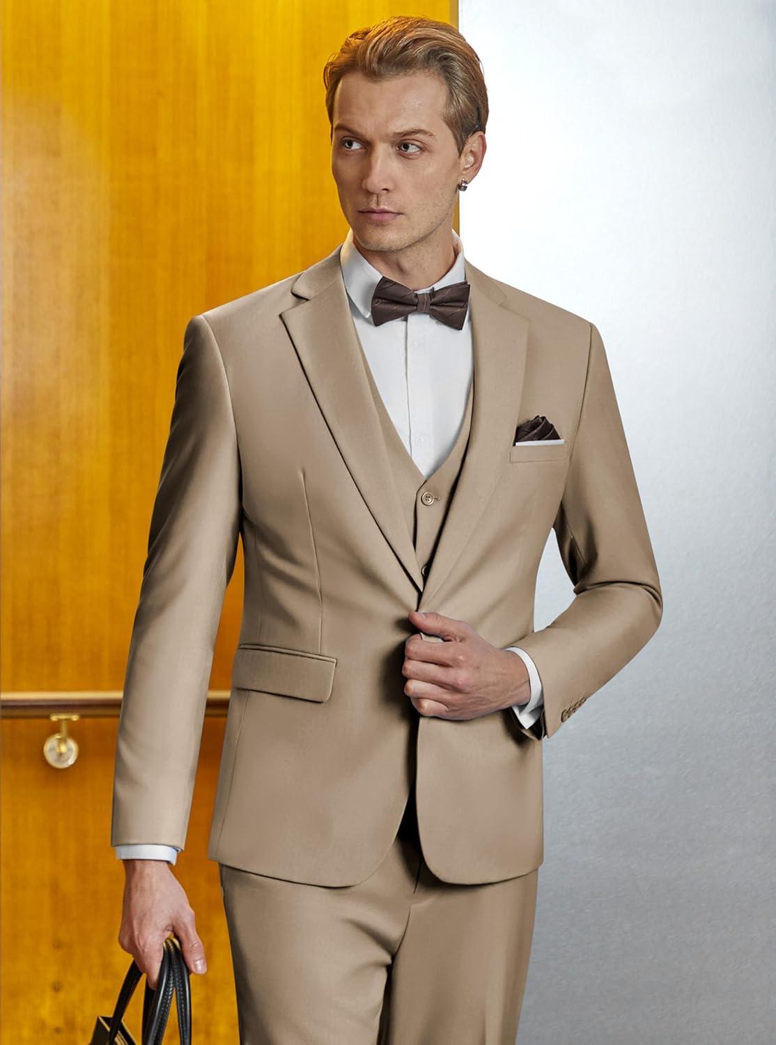 imageWULFUL Mens Slim Fit Suit One Button 3Piece Blazer Dress Business Wedding Party Jacket Vest amp PantLight Brown