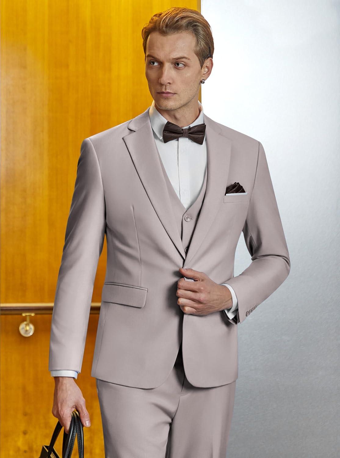 imageWULFUL Mens Slim Fit Suit One Button 3Piece Blazer Dress Business Wedding Party Jacket Vest amp PantLight Brown054