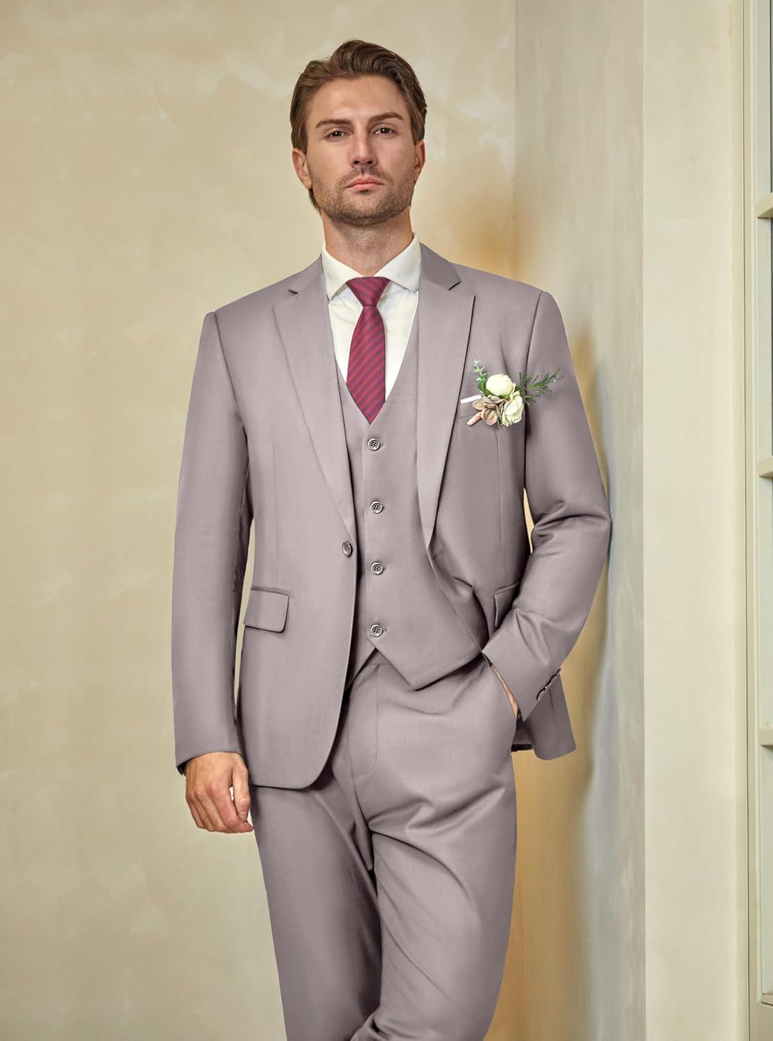 imageWULFUL Mens Slim Fit Suit One Button 3Piece Blazer Dress Business Wedding Party Jacket Vest amp PantLight Brown054