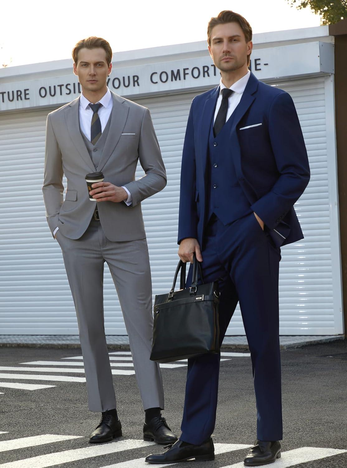imageWULFUL Mens Slim Fit Suit One Button 3Piece Blazer Dress Business Wedding Party Jacket Vest amp PantLight Grey