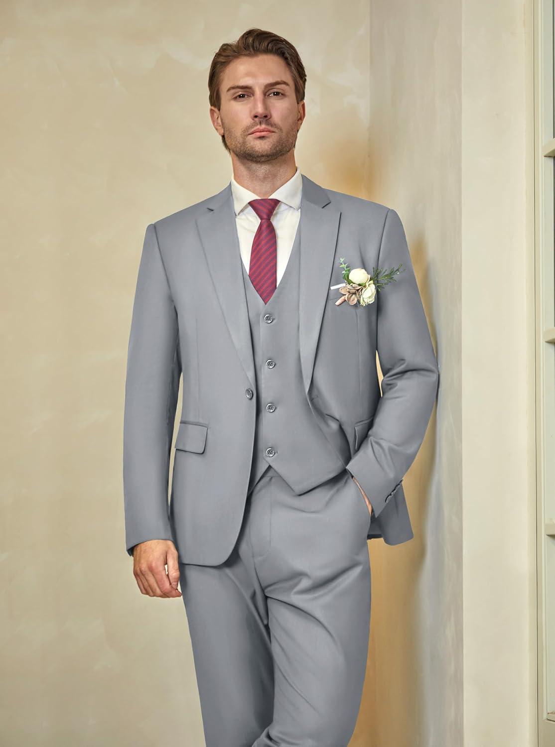 imageWULFUL Mens Slim Fit Suit One Button 3Piece Blazer Dress Business Wedding Party Jacket Vest amp PantLight Grey