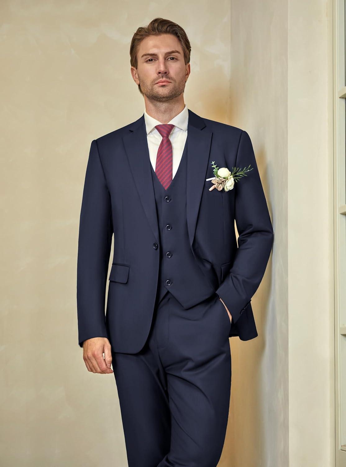 imageWULFUL Mens Slim Fit Suit One Button 3Piece Blazer Dress Business Wedding Party Jacket Vest amp PantNavy Blue055