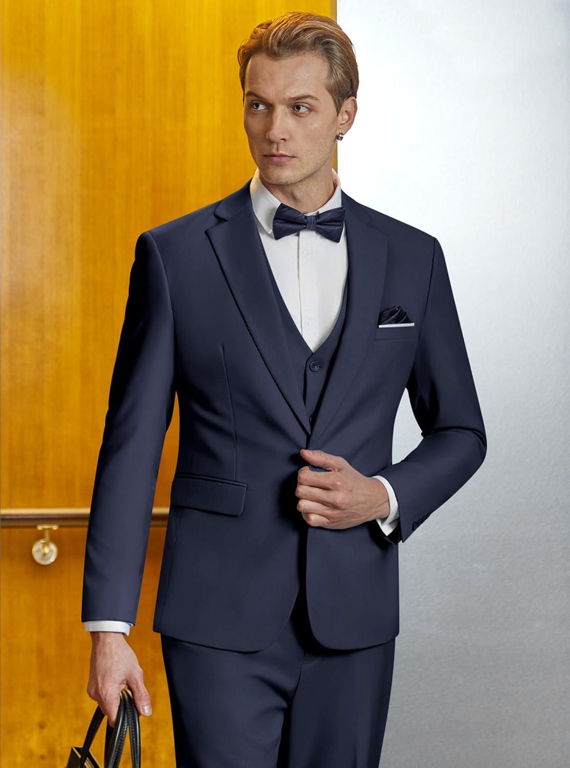 imageWULFUL Mens Slim Fit Suit One Button 3Piece Blazer Dress Business Wedding Party Jacket Vest amp PantNavy Blue055