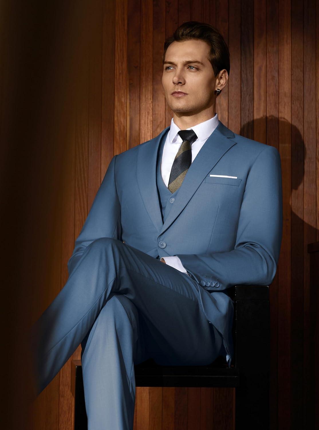 imageWULFUL Mens Slim Fit Suit One Button 3Piece Blazer Dress Business Wedding Party Jacket Vest amp PantNewblue