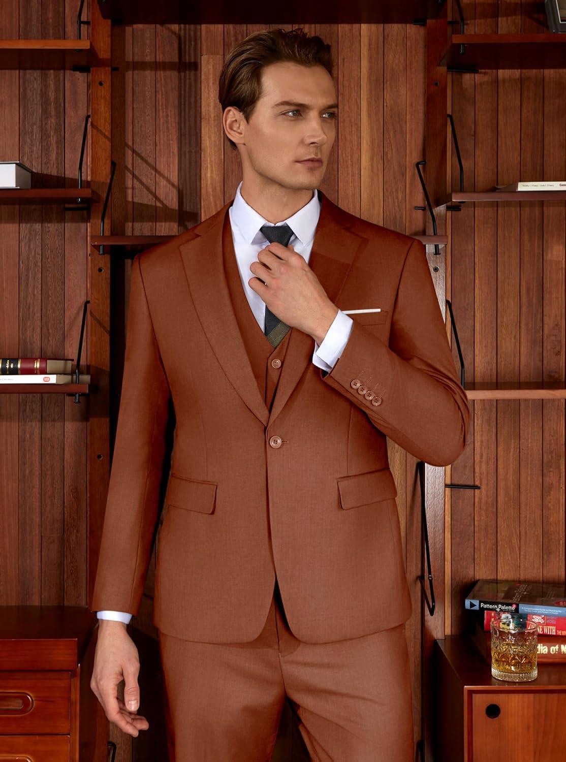 imageWULFUL Mens Slim Fit Suit One Button 3Piece Blazer Dress Business Wedding Party Jacket Vest amp PantNeworange