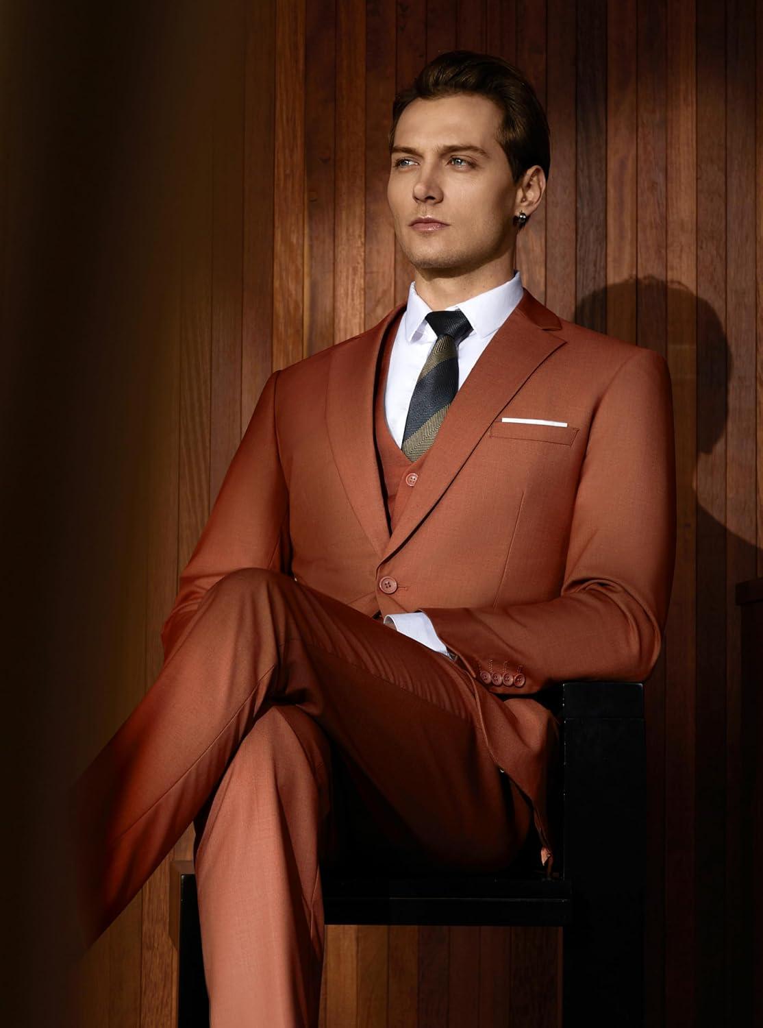 imageWULFUL Mens Slim Fit Suit One Button 3Piece Blazer Dress Business Wedding Party Jacket Vest amp PantNeworange