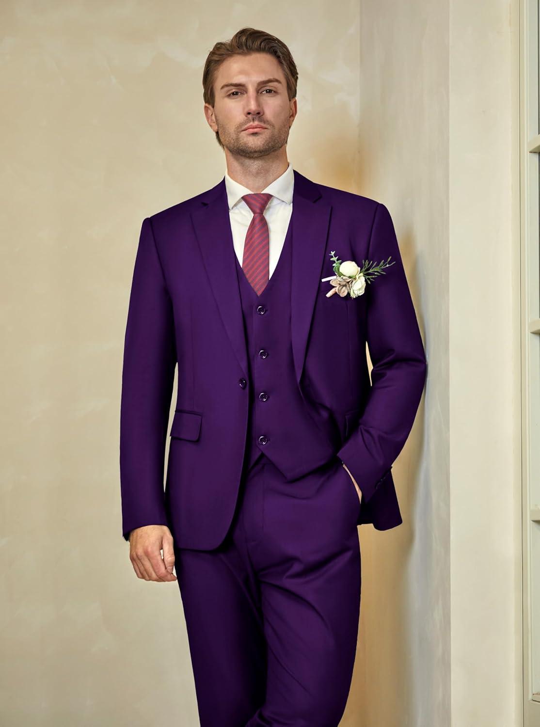 imageWULFUL Mens Slim Fit Suit One Button 3Piece Blazer Dress Business Wedding Party Jacket Vest amp PantPurple