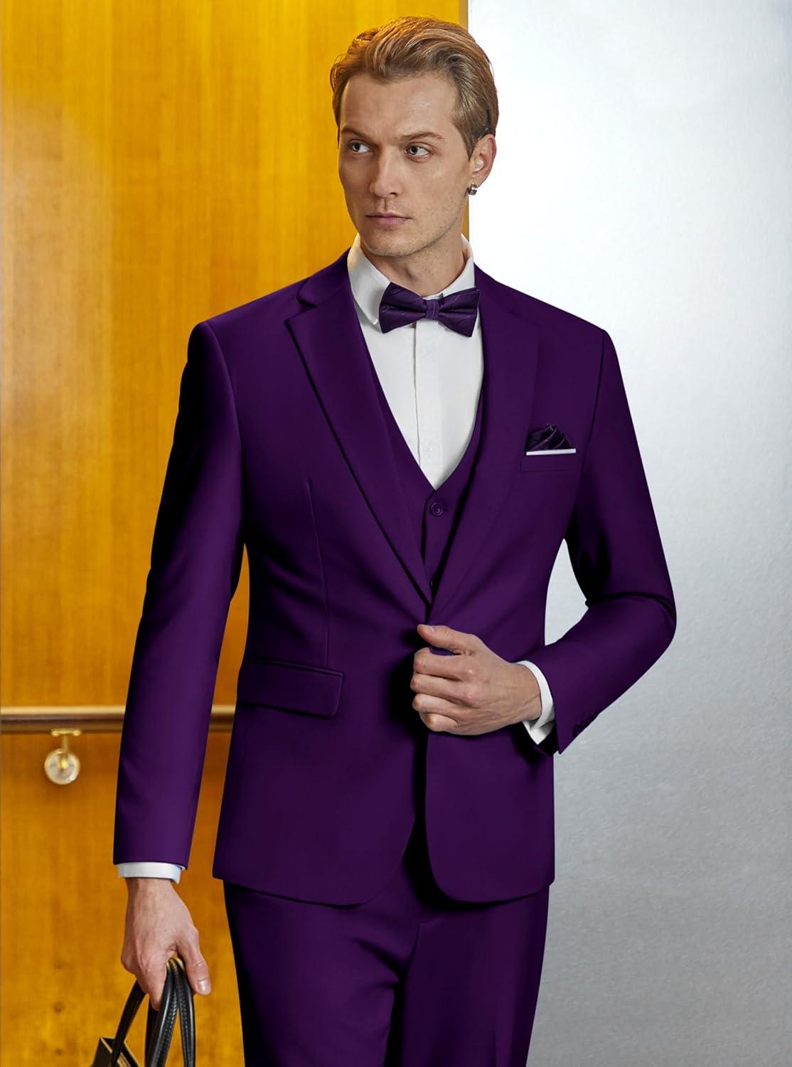 imageWULFUL Mens Slim Fit Suit One Button 3Piece Blazer Dress Business Wedding Party Jacket Vest amp PantPurple
