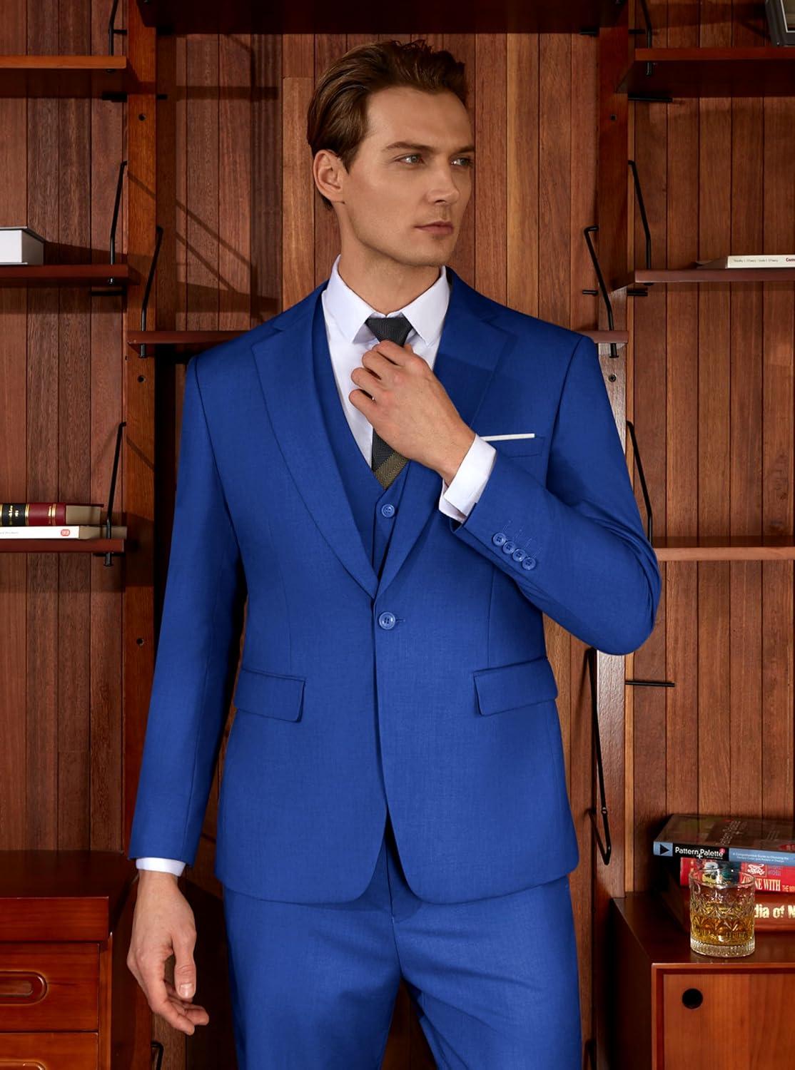 imageWULFUL Mens Slim Fit Suit One Button 3Piece Blazer Dress Business Wedding Party Jacket Vest amp PantRoyal Blue