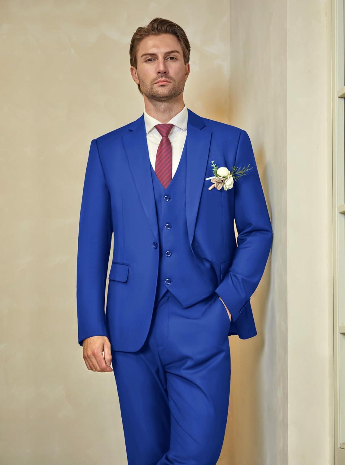 imageWULFUL Mens Slim Fit Suit One Button 3Piece Blazer Dress Business Wedding Party Jacket Vest amp PantRoyal Blue