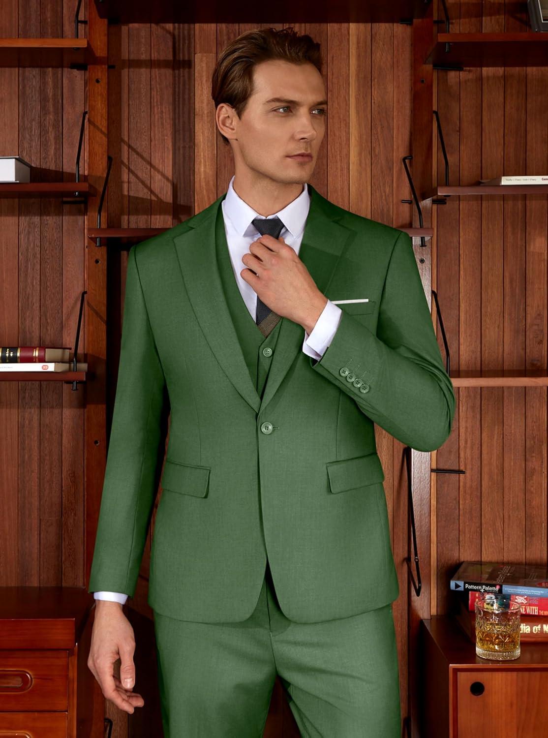 imageWULFUL Mens Slim Fit Suit One Button 3Piece Blazer Dress Business Wedding Party Jacket Vest amp PantSage Green