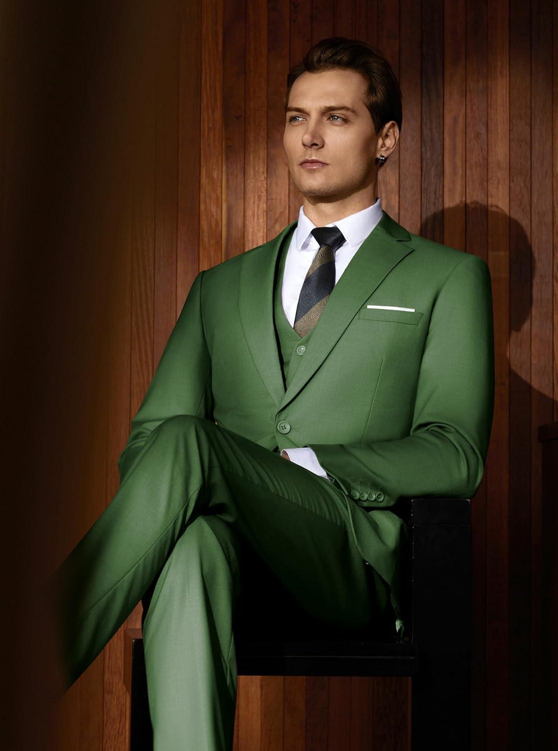 imageWULFUL Mens Slim Fit Suit One Button 3Piece Blazer Dress Business Wedding Party Jacket Vest amp PantSage Green