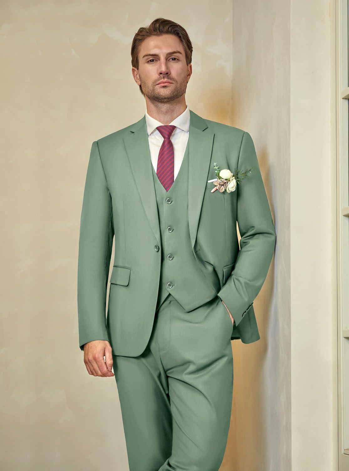 imageWULFUL Mens Slim Fit Suit One Button 3Piece Blazer Dress Business Wedding Party Jacket Vest amp PantSage Greennew