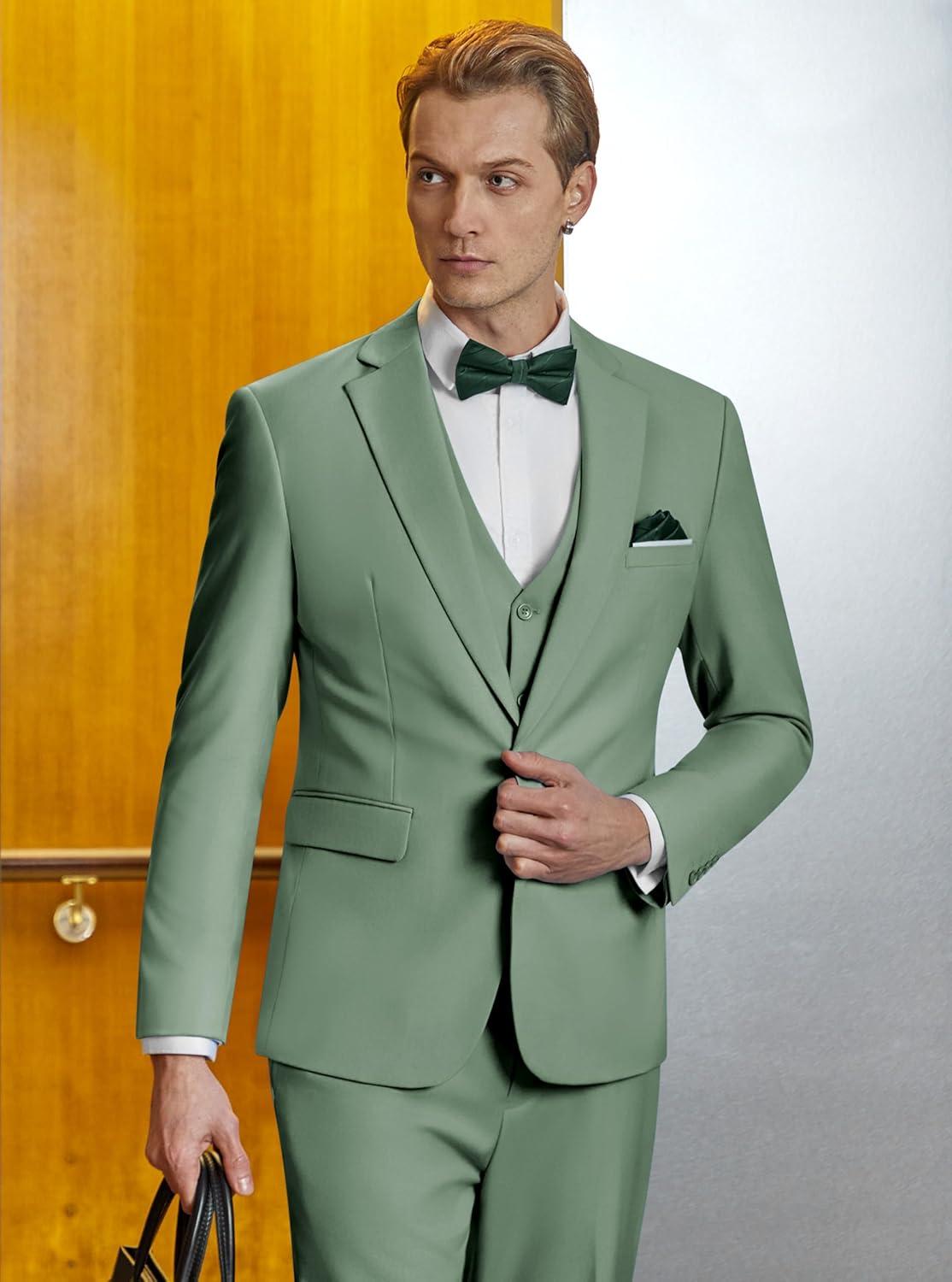 imageWULFUL Mens Slim Fit Suit One Button 3Piece Blazer Dress Business Wedding Party Jacket Vest amp PantSage Greennew