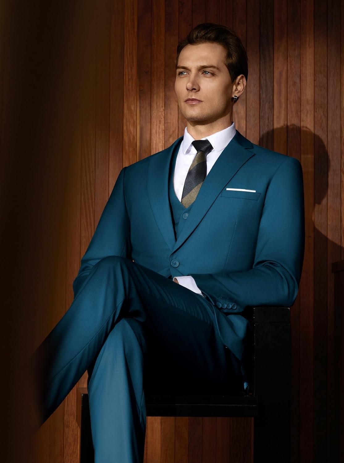 imageWULFUL Mens Slim Fit Suit One Button 3Piece Blazer Dress Business Wedding Party Jacket Vest amp PantTeal Blue
