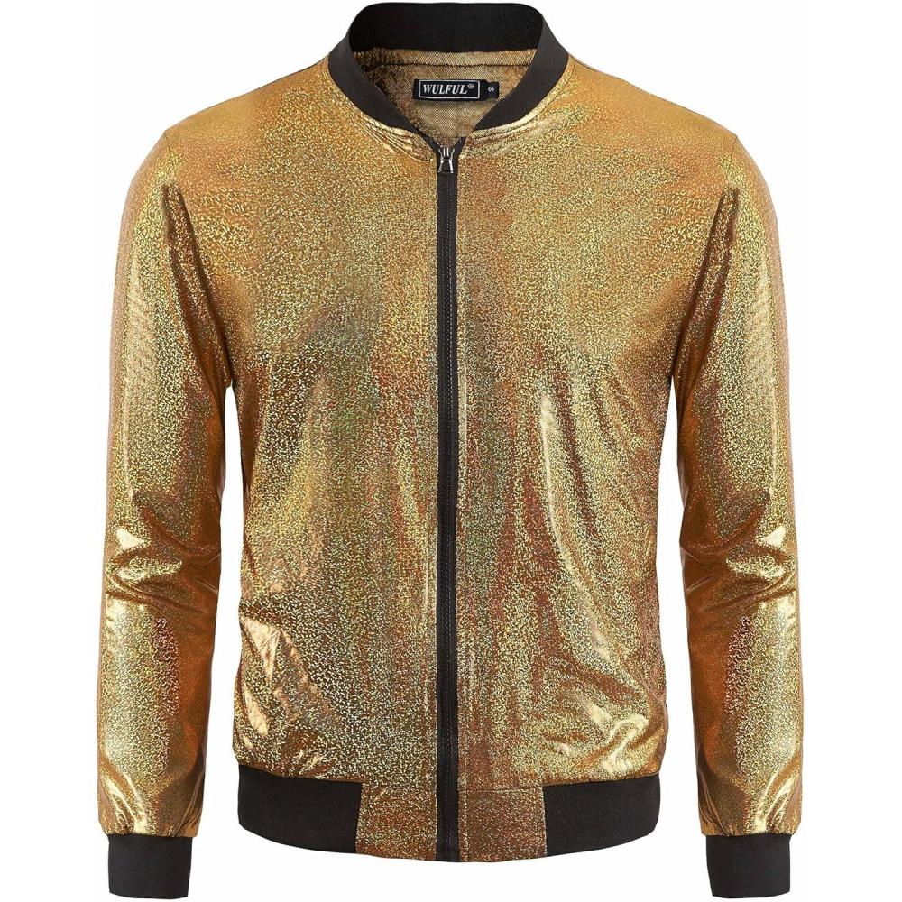 imageWULFUL Mens 70s Disco Costume Party Sequin Metallic Varsity Bomber JacketGold02