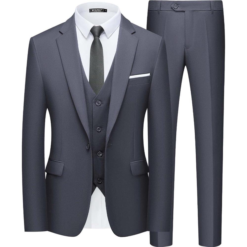imageWULFUL Mens Slim Fit Suit One Button 3Piece Blazer Dress Business Wedding Party Jacket Vest amp PantGrey054
