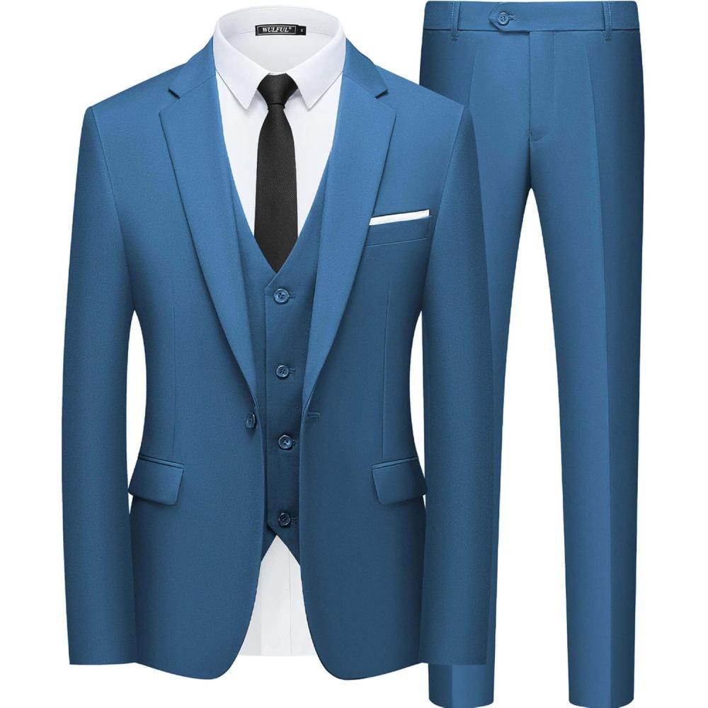 imageWULFUL Mens Slim Fit Suit One Button 3Piece Blazer Dress Business Wedding Party Jacket Vest amp PantHbl0127