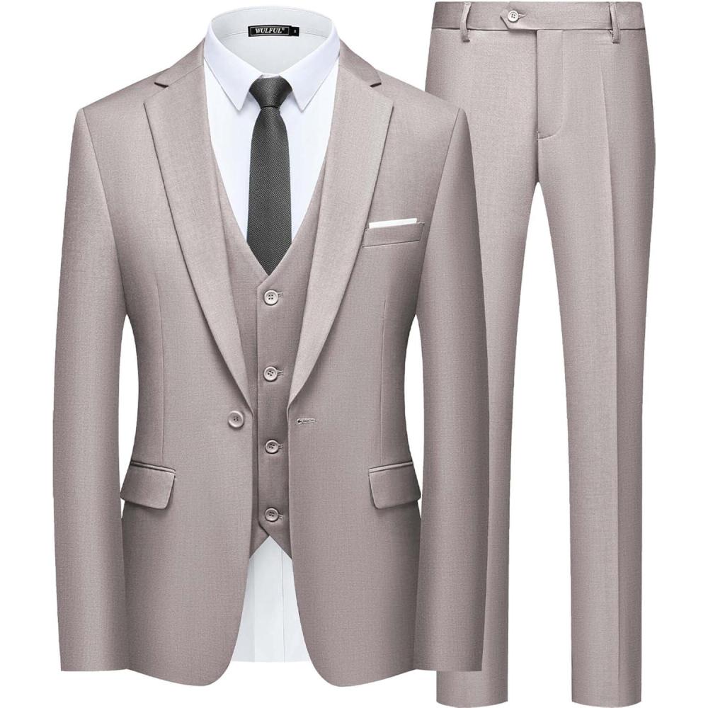 imageWULFUL Mens Slim Fit Suit One Button 3Piece Blazer Dress Business Wedding Party Jacket Vest amp PantLight Brown054