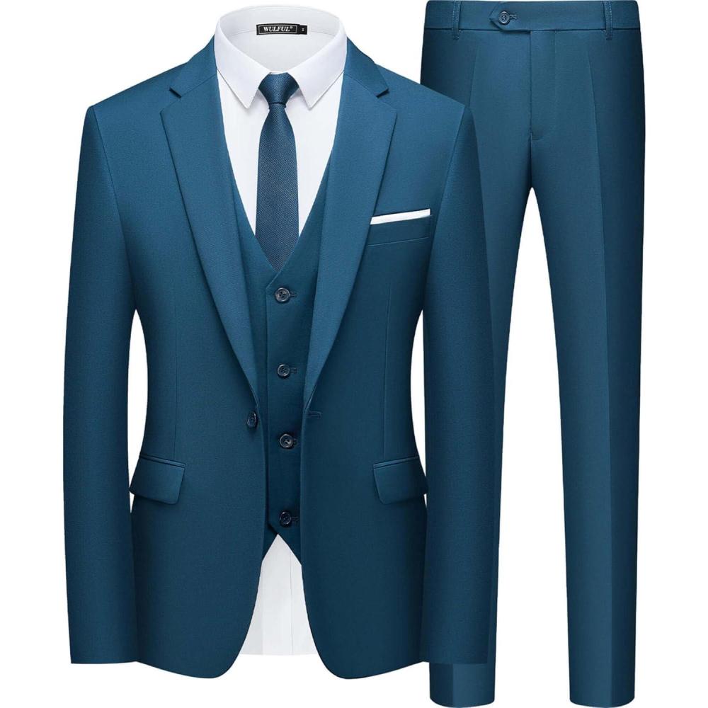 imageWULFUL Mens Slim Fit Suit One Button 3Piece Blazer Dress Business Wedding Party Jacket Vest amp PantTeal Blue