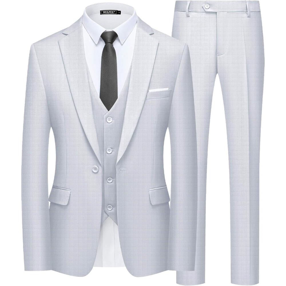 imageWULFUL Mens Slim Fit Suit One Button 3Piece Blazer Dress Business Wedding Party Jacket Vest amp PantWhite0127