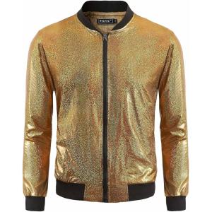 WULFUL Men’s 70s Disco Costume Party Sequin Metallic Varsity Bomber Jacket(Gold02)