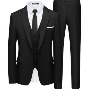 WULFUL Men’s Slim Fit Suit One Button 3-Piece Blazer Dress Business Wedding Party Jacket Vest & Pant(Black)