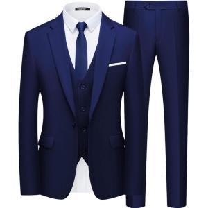WULFUL Men’s Slim Fit Suit One Button 3-Piece Blazer Dress Business Wedding Party Jacket Vest & Pant(Blue)