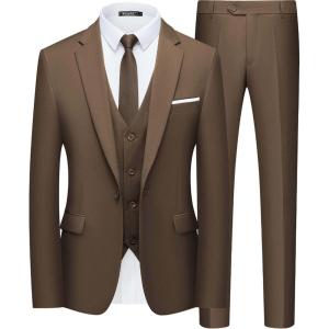 WULFUL Men’s Slim Fit Suit One Button 3-Piece Blazer Dress Business Wedding Party Jacket Vest & Pant(Brown)