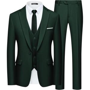 WULFUL Men’s Slim Fit Suit One Button 3-Piece Blazer Dress Business Wedding Party Jacket Vest & Pant(Dark Green)