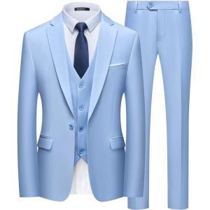 WULFUL Men’s Slim Fit Suit One Button 3-Piece Blazer Dress Business Wedding Party Jacket Vest & Pant(Light Blue)