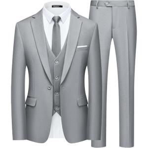 WULFUL Men’s Slim Fit Suit One Button 3-Piece Blazer Dress Business Wedding Party Jacket Vest & Pant(Light Grey)