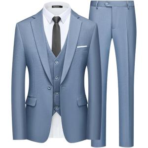 WULFUL Men’s Slim Fit Suit One Button 3-Piece Blazer Dress Business Wedding Party Jacket Vest & Pant(New-blue)