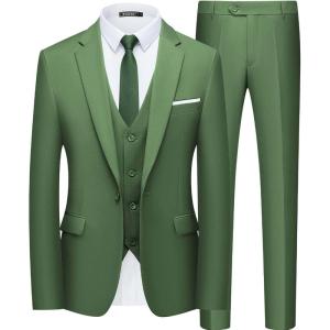 WULFUL Men’s Slim Fit Suit One Button 3-Piece Blazer Dress Business Wedding Party Jacket Vest & Pant(Sage Green)