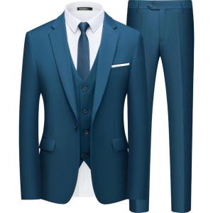 WULFUL Men’s Slim Fit Suit One Button 3-Piece Blazer Dress Business Wedding Party Jacket Vest & Pant(Teal Blue)