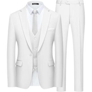 WULFUL Men’s Slim Fit Suit One Button 3-Piece Blazer Dress Business Wedding Party Jacket Vest & Pant(White)